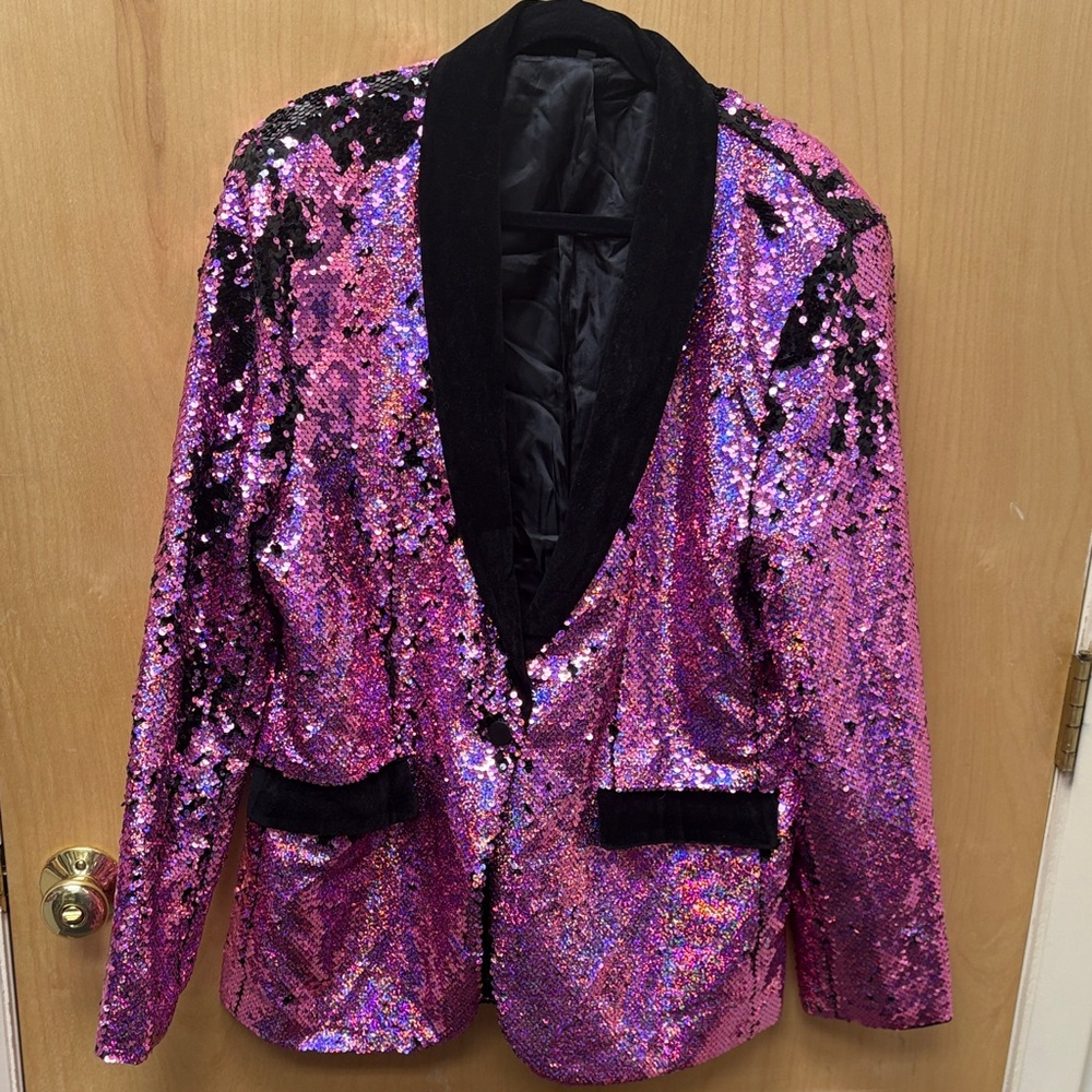 Pink Sequin Blazer with Black Trim